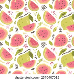 Bohemian Guava pattern in flat style. Tropical, delicious fruit seamless pattern. Vector background. Summer freshness for health. For background, fabric, juice, ice cream or packaging.