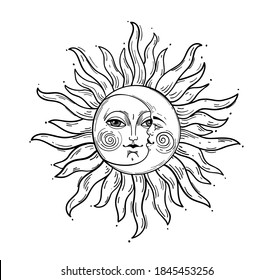 Bohemian hand drawing, esoteric sketch, engraving stylization. Sun and crescent moon with a face. Design for tattoo, astrology, sticker, tarot. Vector illustration isolated on white background