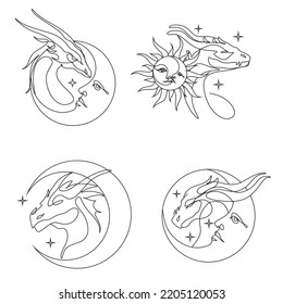 Bohemian hand drawing, esoteric sketch, engraving stylization. Dragon sun and a crescent moon with a face. Design for tattoo, astrology, stickers, tarot. Vector illustration isolated on white