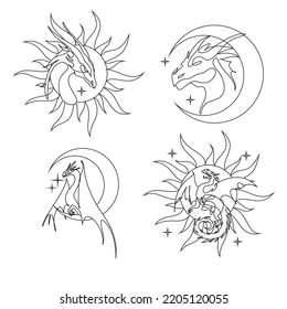 Bohemian hand drawing, esoteric sketch, engraving stylization. Dragon sun and a crescent moon with a face. Design for tattoo, astrology, stickers, tarot. Vector illustration isolated on white