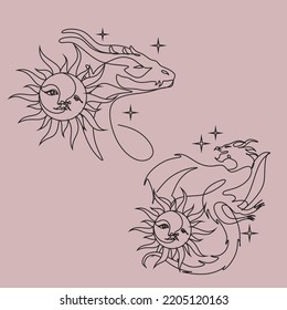 Bohemian hand drawing, esoteric sketch, engraving stylization. Dragon sun and a crescent moon with a face. Design for tattoo, astrology, stickers, tarot. Vector illustration isolated on white