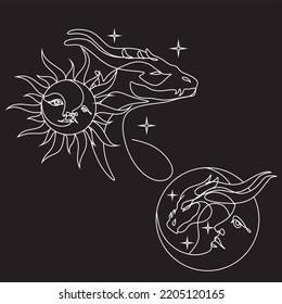Bohemian hand drawing, esoteric sketch, engraving stylization. Dragon sun and a crescent moon with a face. Design for tattoo, astrology, stickers, tarot. Vector illustration isolated on white
