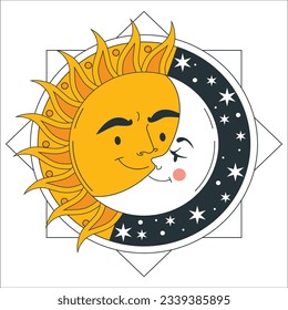 Bohemian hand drawing, esoteric sketch, engraving stylization. Golden sun and a crescent moon with a face. Design for tattoo, astrology, stickers, tarot. Vector illustration isolated on white. 2213