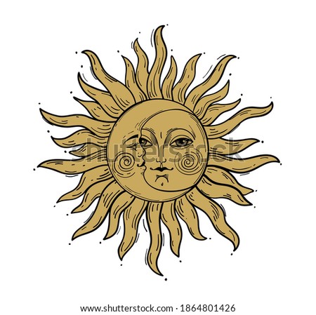 Bohemian hand drawing, esoteric sketch, engraving stylization. Golden sun and a crescent moon with a face. Design for tattoo, astrology, stickers, tarot. Vector illustration isolated on white