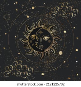 Bohemian hand drawing, golden engraving stylization Sun and crescent moon face. Design for astrology, tarot. Vector illustration.