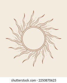 Bohemian hand drawn art, vector isolayed boho ethnik, tribal style sun oneline custom illustration. Vector sun symbol for logo, icon design, patterns, tatoo and other deesign purposes