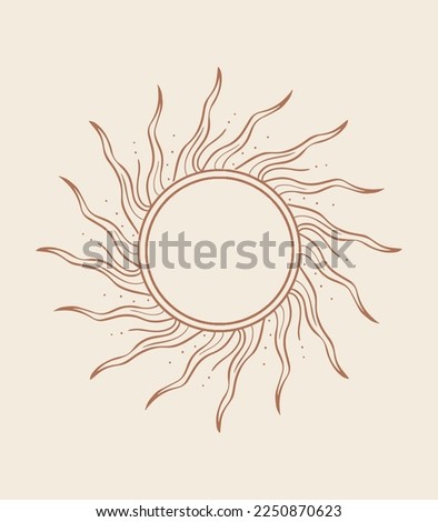 Bohemian hand drawn art, vector isolayed boho ethnik, tribal style sun oneline custom illustration. Vector sun symbol for logo, icon design, patterns, tatoo and other deesign purposes
