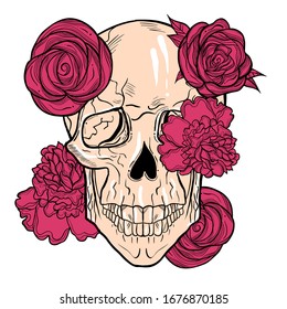 Bohemian hand drawn illustration of a skull with flowers. Gothic tattoo art style.