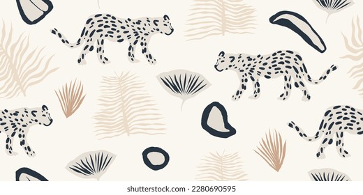 Bohemian hand drawn minimal abstract pattern with leopards. Collage contemporary seamless pattern. Fashionable template for design.