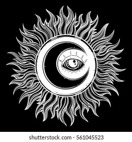 Bohemian hand drawn moon, mystic eye  are on the circle beling of which the rays of the sun. Religion philosophy, spirituality, occultism, chemistry, science, magic. Isolated vector illustration.