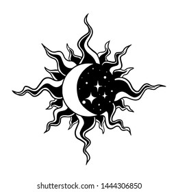 Bohemian hand drawn moon, and stars on the circle beling of which the rays of the sun. Religion philosophy, spirituality, occultism, chemistry, science, magic. Isolated vector illustration.