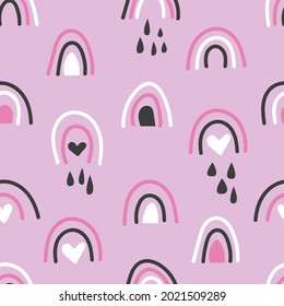 Bohemian hand drawn seamless pattern with rainbow and rain. Retro baby abstract naive background in boho style