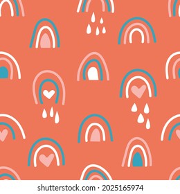 Bohemian hand drawn seamless pattern with rainbow and rain. Retro baby abstract naive background in boho style
