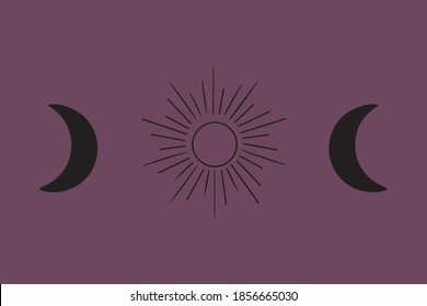 Bohemian hand drawn sun and moon. Tattoo design.Vector illustration. Alchemy symbol.