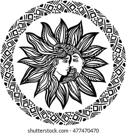 Bohemian hand drawn sun and moon. Tattoo design.Vector illustration. Alchemy symbol. Boho chic hipster filigree zentangle line art style. Coloring page