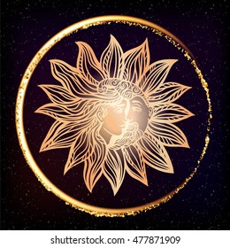 Bohemian hand drawn sun and moon. Tattoo design.Vector illustration. Alchemy occult symbol. Boho chic hipster filigree zentangle line art style. Gold glitter male and female lovers