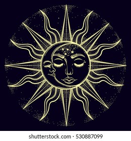 Bohemian hand drawn sun and moon. Vector illustration for coloring book, t-shirts design,fabric design, paper , textiles, background. Religion y, spirituality, occultism, magic, sacred geometry.