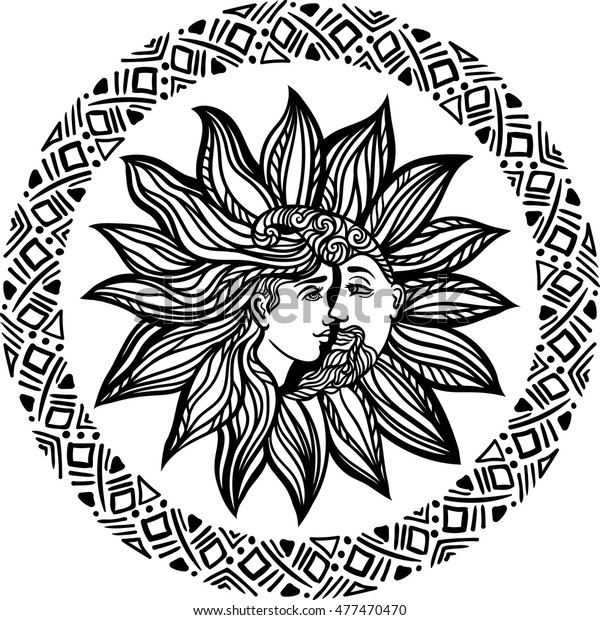 Bohemian Hand Drawn Sun Moon Tattoo Image Vectorielle De Stock Libre De Droits