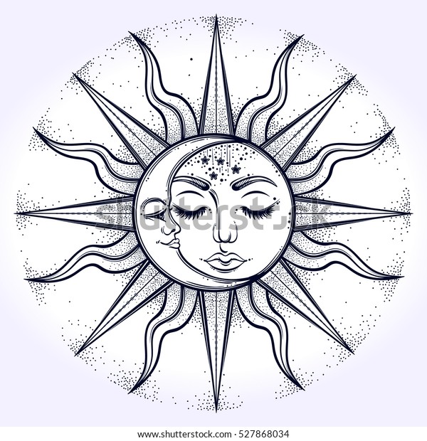 ボヘミアの手描きの太陽と月 塗り絵本 Tシャツのデザイン タトゥー用ベクターイラスト ベクターイラスト のベクター画像素材 ロイヤリティフリー