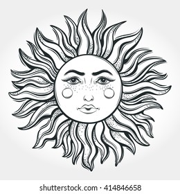 Bohemian hand drawn sun. Tattoo design.Vector illustration. Alchemy symbol.  