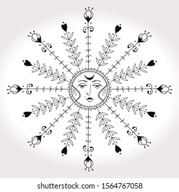 Bohemian hand drawn sun. Vector illustration for coloring book, t-shirts design, tattoo. Vector illustration isolated.