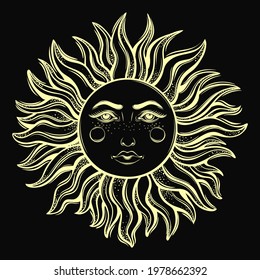 Bohemian hand drawn sun. Vector illustration for coloring book, t-shirts design, tattoo.Vector illustration.