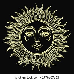 Bohemian hand drawn sun. Vector illustration for coloring book, t-shirts design, tattoo.Vector illustration.