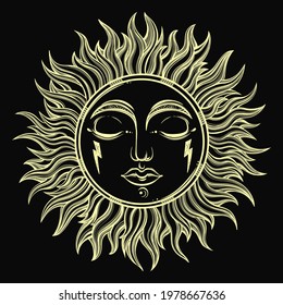 Bohemian Hand Drawn Sun. Vector Illustration For Coloring Book, T-shirts Design, Tattoo.Vector Illustration.