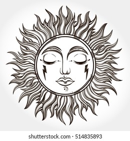 Bohemian hand drawn sun. Vector illustration for coloring book, t-shirts design, tattoo.Vector illustration.