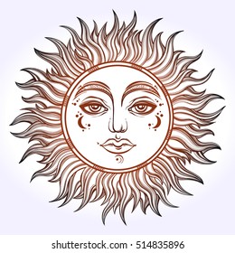 Bohemian hand drawn sun. Vector illustration for coloring book, t-shirts design, tattoo.Vector illustration.