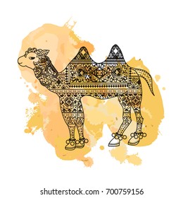 Bohemian hand-drawn camel animal at watercolor background. Ethnic, boho, gypsy style.