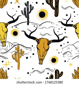 Bohemian hand-drawn seamless pattern with buffalo skull, desert and cactus. Arizona and wild west style.