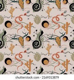 Bohemian hand-drawn seamless pattern with buffalo skull, snakes, desert and cactus. Arizona and wild west style.