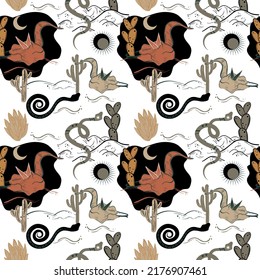 Bohemian hand-drawn seamless pattern with buffalo skull, snakes, desert and cactus. Arizona and wild west style.