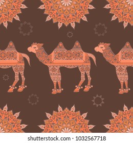 Bohemian hand-drawn seamless pattern with camel. African tribal style.