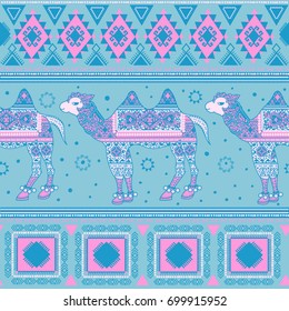 Bohemian hand-drawn seamless pattern with camel and Bedouin ornaments. 