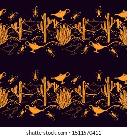 Bohemian hand-drawn seamless pattern with desert, cactus and lamp. Bedouin life. 
