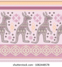 Bohemian hand-drawn seamless pattern with kangaroo and tribal ornaments. Australian indigenous style.