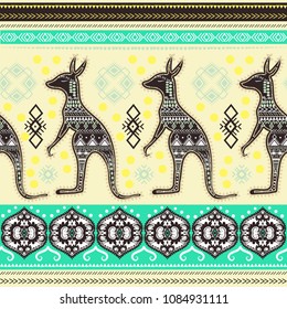Bohemian hand-drawn seamless pattern with kangaroo and tribal ornaments. Australian indigenous style.