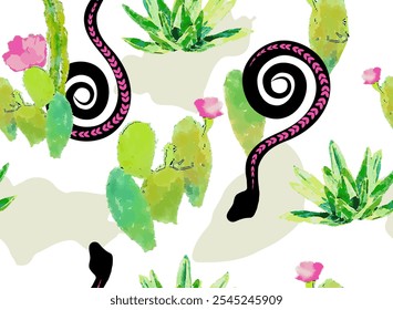 Bohemian hand-drawn watercolor seamless pattern with snakes, desert and cactus. Arizona and wild west style. Hand drawn not AI	