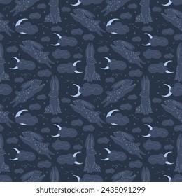Bohemian hare nursery pattern. Boho vector print for wall decor in children's bedroom. Seamless pattern with cartoon rabbits, sky, clouds, planet, crescent moon, stars on dark background.