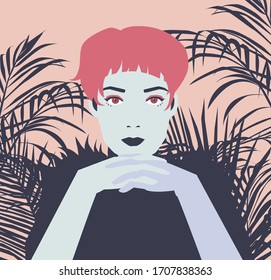 Bohemian hipster woman surrounded by palm leaves. Fashion vector illustration in minimalist pop art style.