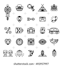 Bohemian icons. Tribal style. E-commerce outline web icons. Vector set for e-shop design Good for internet shopping projects. Separated boho elements. Online store icons
