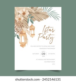 Bohemian Iftar Party Invitación Plantilla con hojas de palma secas, hierba de pampas, orquídea y lámpara marroquí