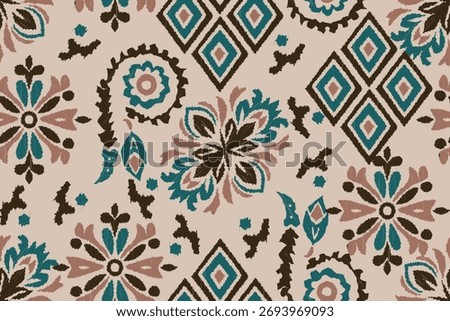 bohemian ikat seamless pattern featuring floral and geometric motifs in teal, brown, and beige colors. ethnic textile art and traditional weaving. perfect for fabric prints, wallpapers, fashion 