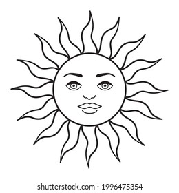 Bohemian illustration, celestial vintage design, sun with face, stylized drawing, tarot card. Mystical element