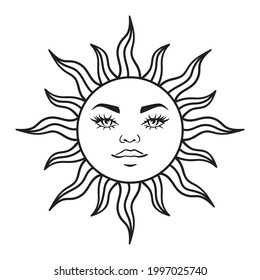 Bohemian illustration, celestial vintage design, sun with face, stylized drawing, tarot card. Mystical element