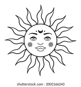 Bohemian illustration, celestial vintage design, sun with face, stylized drawing, tarot card. Mystical element