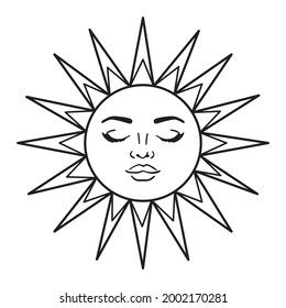 Bohemian illustration, celestial vintage design, sun with face, stylized drawing, tarot card. Mystical element