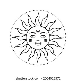 Bohemian illustration, celestial vintage design, sun with face, stylized drawing, tarot card. Mystical element
